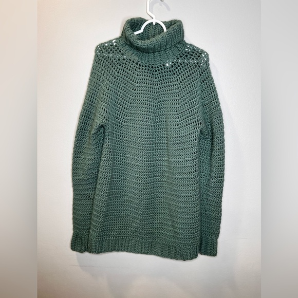 Women’s Hand Knitted Sweater Dress RollNeck Wool Green Size Large Fisherman - Picture 3 of 5